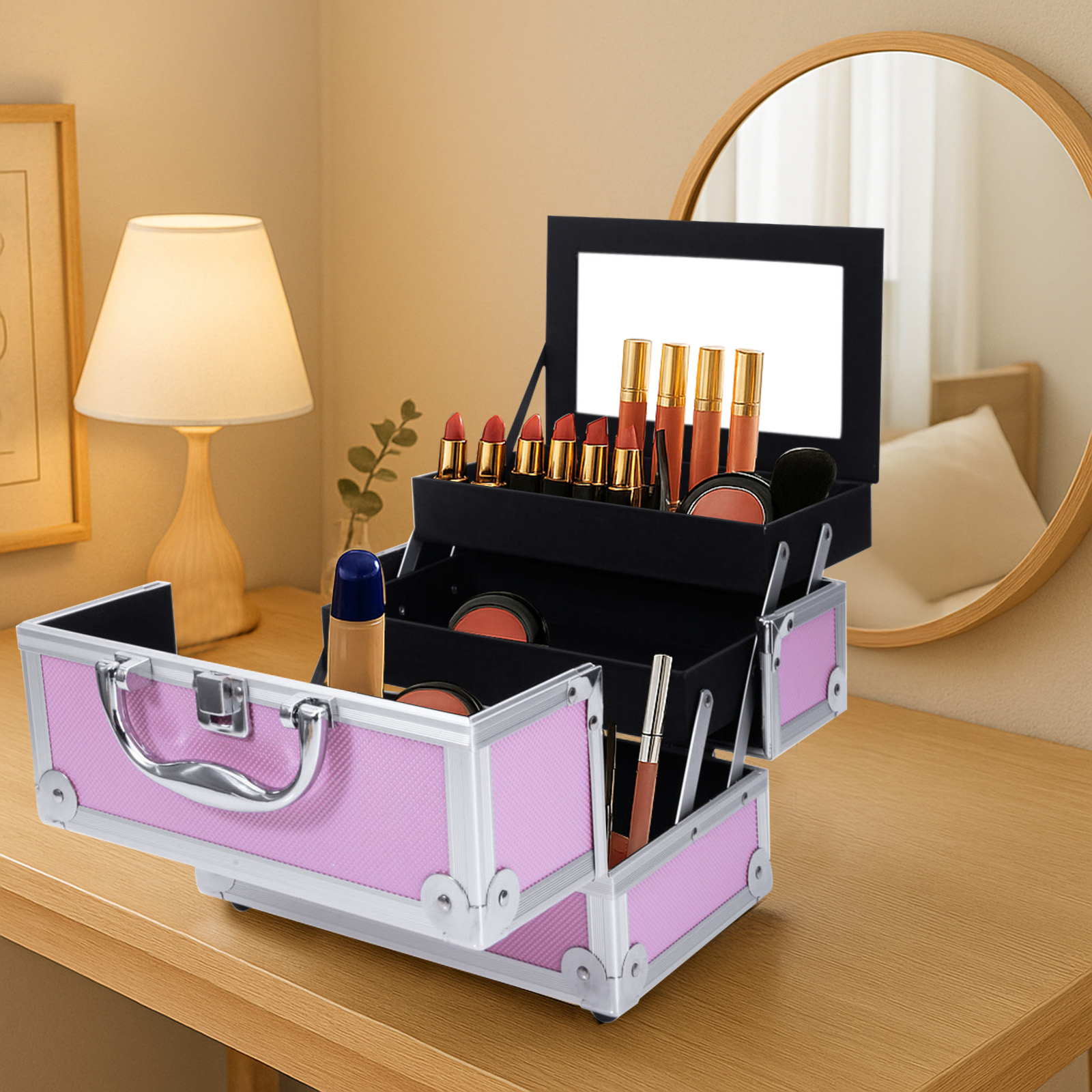 Beauty Makeup Case - Pink Aluminum Alloy Makeup Case, Double