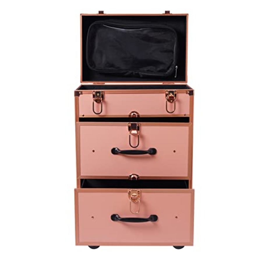 Beauty Makeup Case - 3-Tier Aluminum Rolling Makeup Case Golden